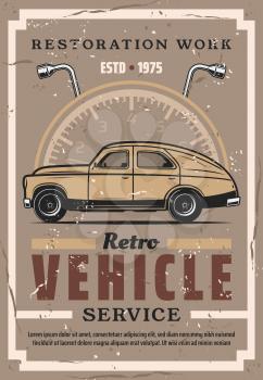 Retro vehicles auto service and restoration station. Vector vintage grunge poster of old car, speedometer and lug wrench, tire and wheels replacement and diagnostic garage service