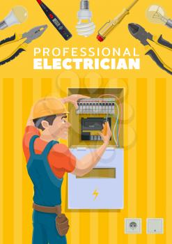 Electrician or electric repairman profession and electricity repair tools. Vector electric power wires and energy cables in switcher,voltage tester tool, electrician man electric socket and voltmeter