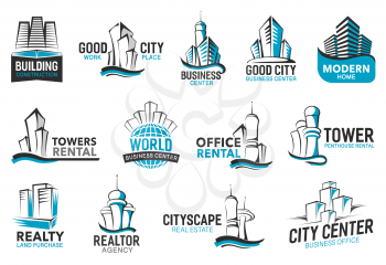 Building icons of real estate agency, construction corporation and business office rent company. Vector city houses, world trade centers and urban residential penthouses line signs