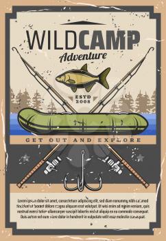 Fishing adventure and fisher sport wild camp poster. Vector fisherman equipment for fish catch, fishing rod or spinning with hook, boat and tackles, rubber inflatable boat and river or sea carp