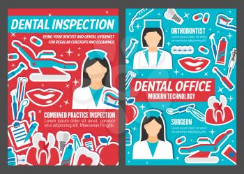Dental clinic poster for dentistry medical center. Vector design of dentist doctor with orthodontic treatment medicines, tooth implants and dental braces, white teeth smile and pills or toothbrush