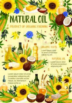 Organic oil products poster of farm bio hemp, coconut or sunflower and corn vegetables, peanut or hazelnut and extra virgin olive or flax oils. Vector design for cooking and healthy nutrition