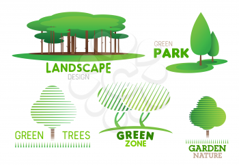 Landscape design and green horticulture service company icons for on park and garden landscaping. Vector symbols of forest trees for urban ecology nature gardening and planting