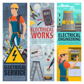 Electrical service works banners of electrician engineer with electric repair equipment, Vector man with ammeter, voltmeter or voltage tester screwdriver tool for energy plug and socket
