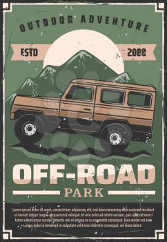 Off-road travel adventure or car extreme sport club retro poster. Vector vintage design of pickup offroad car in nature park or mountains and desert dunes for outdoor trips