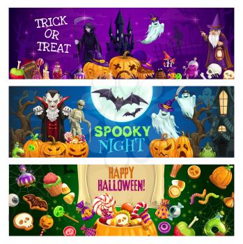 Halloween night ghost and trick or treat candy banners. Vector pumpkins, bats and moon, spider nets, dracula vampire and mummy, skull, death skeleton and haunted house, graveyard and creepy trees