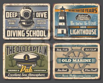Nautical anchors, sea ship helm and marine lighthouse, sailing boat and vintage diving helmet vector design. Rusty metal signboards of seafood restaurant, marine club, pub and diving school