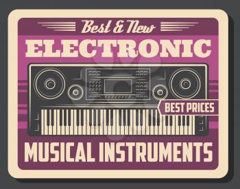 Electronic musical instruments retro poster of vector synthesizer with piano keyboard, buttons, wheels and switches, screen and loudspeakers. Synth music shop design