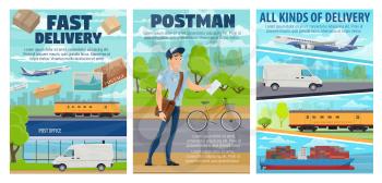Postal service vector posters of post and mail delivery transport. Post office, postman and letters, parcel boxes, mail packages and envelope with postage stamps, truck, plane, train and bicycle