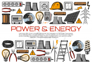 Electric power industry and electrical service vector design. Energy meter, wire and light bulbs, cable, electrician voltmeter and pliers, solar panels, wind turbines, nuclear plant and ladder