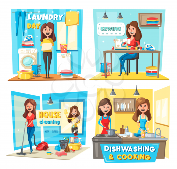 House cleaning, laundry and cooking, sewing and washing dishes vector design of house work and household chores. Cartoon women with vacuum, washing and sewing machines, broom, bucket and brush