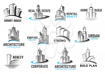 House icons of real estate, construction and building company corporate identity design. Vector thin line homes and modern skyscraper with roofs and windows, brand emblems or symbols