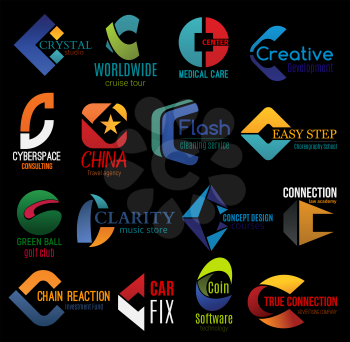 C icons, corporate identity and business company letter symbols. Vector C signs, creative design development studio, travel or advertising agency and music store or golf sport club