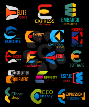 Corporate identity E icons of express delivery company, energy solutions corporation and engine car service. Vector letter E signs consulting business, real estate agency or eco energy industry