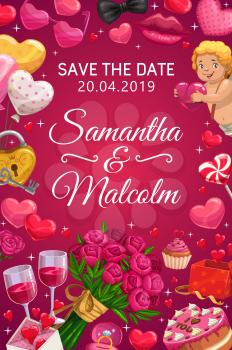 Save the date, wedding party bride and bridegroom names calligraphy. Vector marriage ceremony invitation, cupid angels with heart and kiss lips balloons, wine glasses and roses flowers bouquet