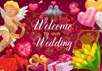 Invitation on wedding with heart shaped flower wreath and cupid. Vector welcome to marriage card, engagement rings and couple of doves in love. Gift boxes, book of love spells, angel playing on harp