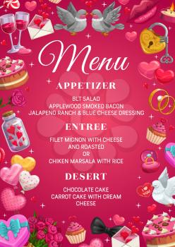 Save the date menu template, appetizer, entree and desserts, frame of marriage symbols. Vector main dishes and cakes. Couple of doves, wine glasses and padlock with key, engagement rings, candles