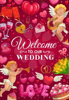Welcome to our wedding lettering and frame of love symbols. Vector engagement rings, cupid playing harp and trumpet, cake. Marriage ceremony gifts, air balloon and envelope with heart wishes, flowers