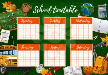 School timetable on green chalkboard, student classes week schedule checkered paper. Vector school timetable in education supplies, pencils and notebooks, school bus, graduation diploma and leaves