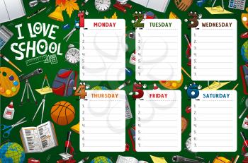 School timetable, week schedule and student classes table weekly template. Vector school timetable with classes supplies, pencils and notebooks, cartoon day numbers on green chalkboard