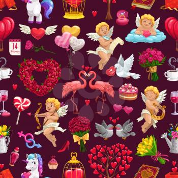 Valentines day or February 14 day of love seamless pattern. Vector heart shape wreath of roses, pink flamingo lovers and unicorn. Golden cage with heart and devoted doves, air balloons and lollipops