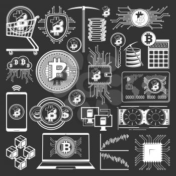 Bitcoin cryptocurrency icons of digital money and blockchain financial technology vector design. Crypto currency coin mining, digital wallet and exchange payment calculator, virtual bank card, pickaxe