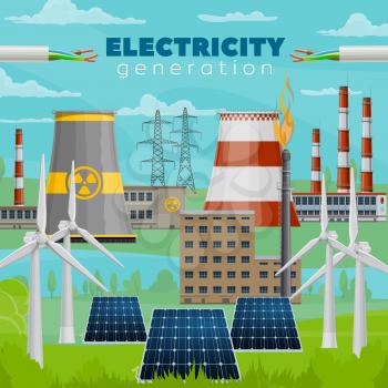 Electric power industry vector design of electricity generation power plants. Wind energy turbines and solar panels, gas, nuclear, thermal and coal power plants, cooling towers, pipes and poles