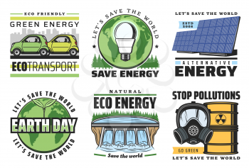 Green energy and eco power vector icons of ecology and environment themes. Globe with green leaves and light bulb, solar panel and electric cars, hydropower plant and radioactive waste barrel