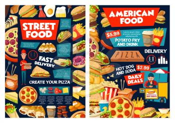 Fast food vector menu of street food restaurant snack meal and drink. Pizza, hot dog and hamburger, coffee, fries and popcorn, chicken nuggets, soda and donut, mexican tacos, nacho and chinese noodles