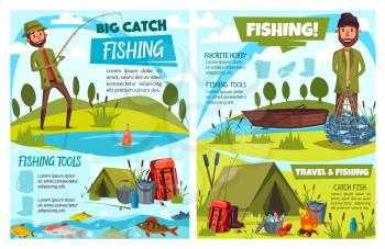 Fishing sport fish, fisherman tackle, gears and tourism equipment vector design. Cartoon fishers with fishing rod, boat and net, hook, lure and reel, carp, perch and cod, camp tent, boots, bucket
