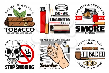 Tobacco vector icons of cigarettes, cigars and skull, lighter, matches and smoking pipe, ashtray, cuban cigar cutter, prohibition sign and smoker hand. Stop smoking, addictions themes