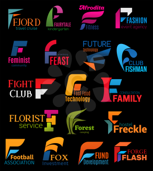 F icons corporate identity signs of fashion event agency, hostel or fast food restaurant and feminist community. Vector F letters of technology company, football sport association or fund investment