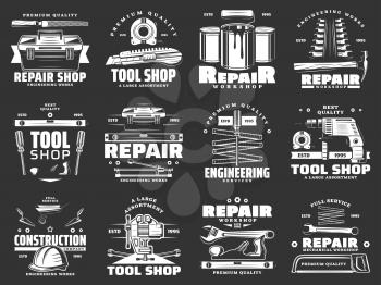 Tools of construction, repair, carpentry and interior design vector icons. Hammer, screwdriver and toolbox, drill, paint and roller, wrench, spanner and tape measure, ruler, trowel monochrome symbols
