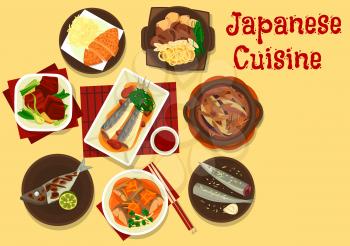 Japanese cuisine vector design of Asian fish, meat and vegetable meal. Beef stew with noodles, tofu and onion, beef baked in soy sauce with eggs, fried pork, steak with cabbage, mackerel in miso sauce