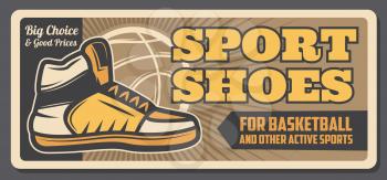 Basketball sport shoes and game equipment vector design with ball and player sneakers on orange court. Sport items, sportswear and athletic footwear shop, sporting accessory store retro banner
