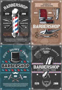 Barbershop vector design, haircut and shaving of hair, beard and mustache. Barber shop vintage pole, chair and straight razor, scissors, brush and clipper, comb and trimmer. Hipster salon retro poster