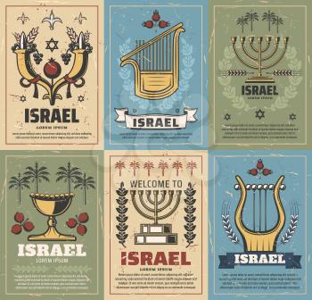 Israel vector design of Judaism religion and jewish culture symbols. Menorah, Star of David and Jerusalem lion of Judah, date palm, pomegranate and cornucopia. Israeli travel and tourism themes