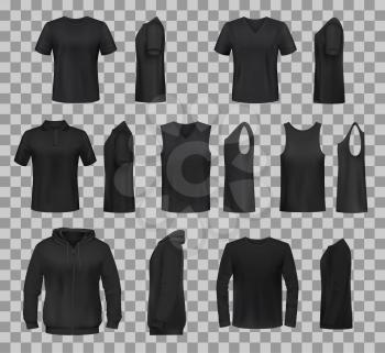 Women clothes black templates and sportswear apparel 3D realistic mockup models. Vector isolated t-shirts, sport tank tops and hoodies, casual polo or sleeveless shirt templates front and side view
