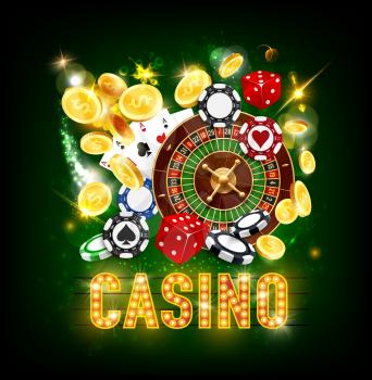 Casino poker whee of fortune roulette and jackpot game golden coins splash win. Vector dollars money, casino playing ace cards, dice and sparkling light signage on green background