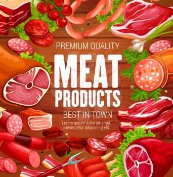 Butcher shop meat and sausages, natural butchery farm products. Vector salami and cervelat sausages, beef steak and pork ham or mutton ribs, gastronomy gourmet veal medallions and bacon