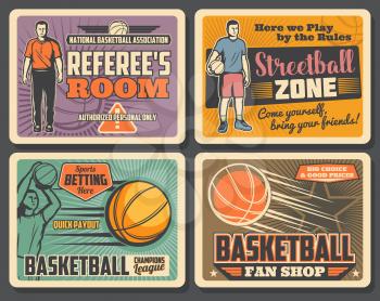 Basketball champions league tournament, streetball sport club championship vintage posters. Vector basketball player with ball goal in basket, referee whistle and sport bets payouts