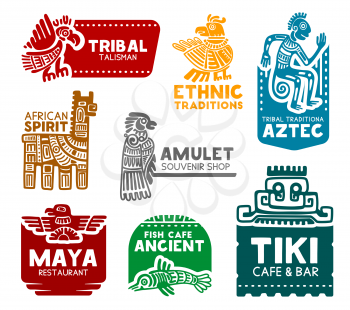 Maya and Aztec tribal signs, corporate business identity icons. Vector Mayan and Aztec birds and animals ethnic symbols of fish cafe, restaurant or cafe and bar, souvenirs art shop and tourism