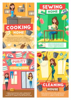 Home cleaning, housewife cooking and sewing service. Vector house laundry, dishwashing or floor mopping and clean kitchen service, professional housekeeping, needlework and windows washing
