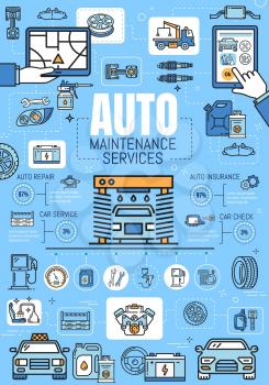Car service, mechanic auto diagnostic and vehicle restoration garage thin line poster. Vector car wash, automobile spare parts of engine spark plugs, GPS navigation installation, tire pumping service