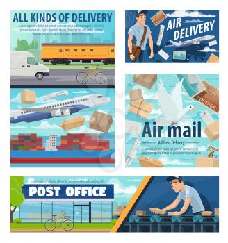 Post office, courier and mail delivery service, shipping cargo transport. Vector avia and railway postal logistics of correspondence magazines, letter envelopes and parcels at post warehouse