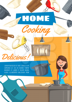 Home and housewife serivce, food preparation poster. Vector woman in apron at kitchen with saucepan, mixer and cutting boars with knife and dishes, home cooking and dishwashing service