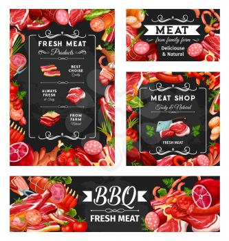 Fresh meat butchery shop food and greens. Vector frames of beef, pork and lamb, chicken and steaks, ribs, ham and tenderloin. Barbeque sausage and seasonings, butchers knife and bacon, salami on black
