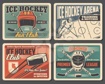 Ice hockey sport association and training equipment, retro style. Vector puck flying to gates on arena, player in helmet with stick. Goalkeeper protective helmet and crossed sticks