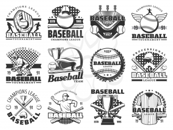 Baseball sport game isolated icons. Vector sporting items, glove and ball, trophy cup and stadium, players uniform, stadium or arena. Tournament or championship symbols