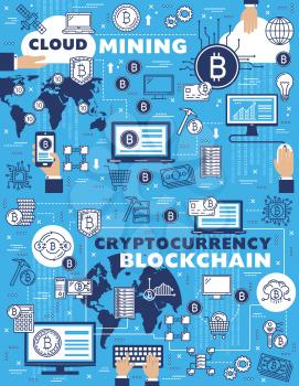 Cloud mining, blockchain and Bitcoin cryptocurrency payments, vector outline symbols. Wallet in smartphone, digital money and cryptocurrency extraction technologies. Computer chipset and miner pickaxe